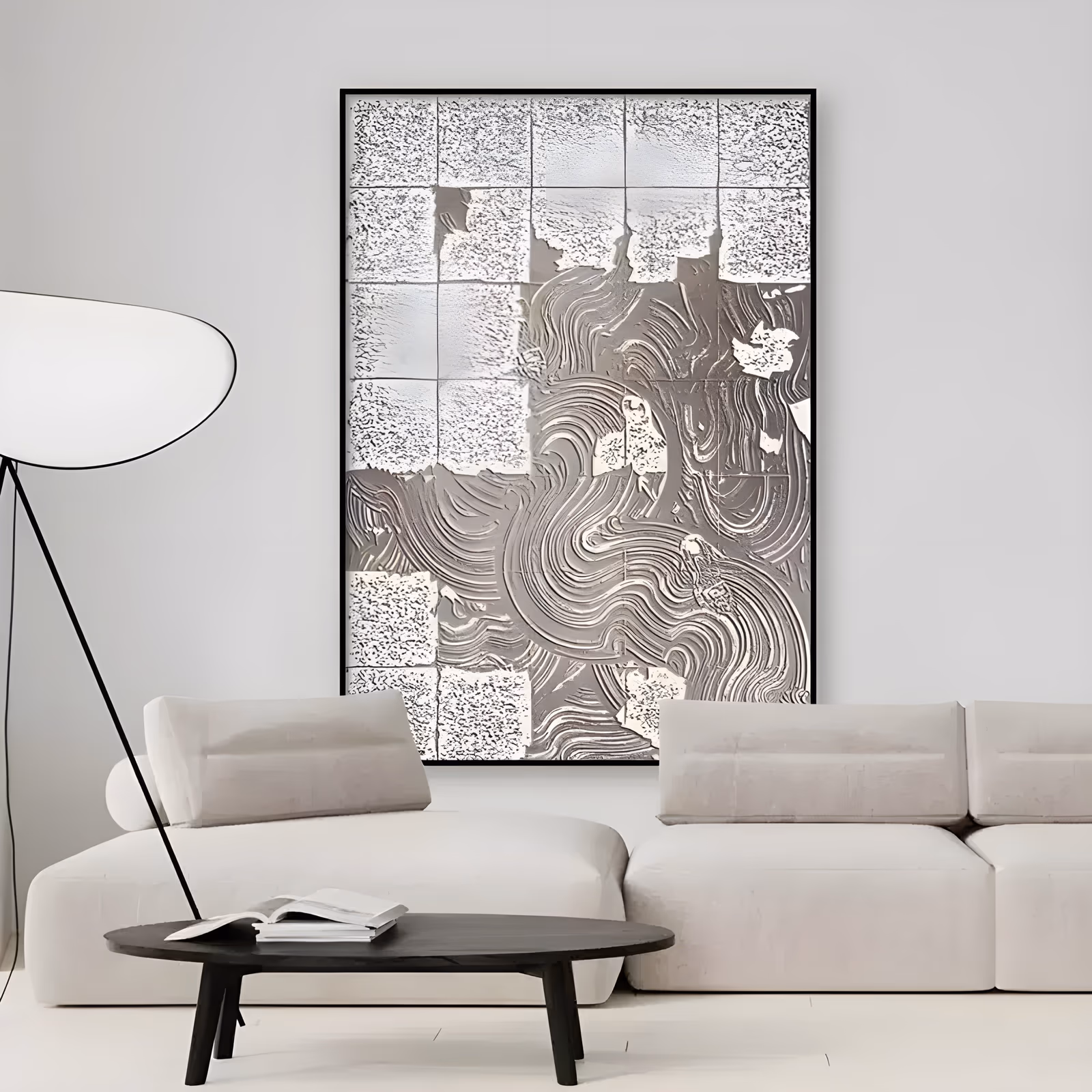 a large vertical plaster relief painting of a grid of stippled white squares at the left and lower edges, with warm gray combed swirls rising through the right half in thick sculpted texture
