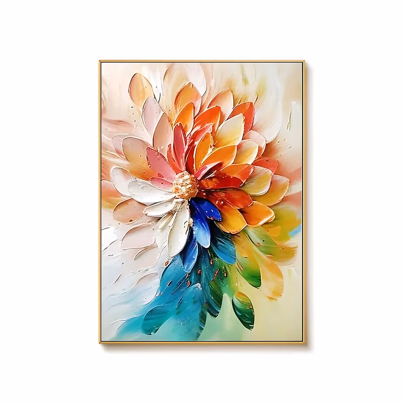 a large vertical palette-knife painting of one open bloom whose petals turn from cream and peach at the top through coral and orange to blue, teal and green at the base, each petal a raised stroke of thick paint
