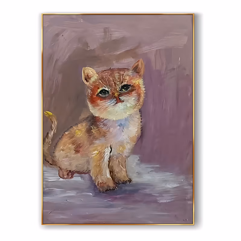 a large vertical impressionist painting of a ginger tabby kitten sitting upright at the center, looking up with green eyes, its cream chest and striped coat set against a mauve purple ground, in soft oil