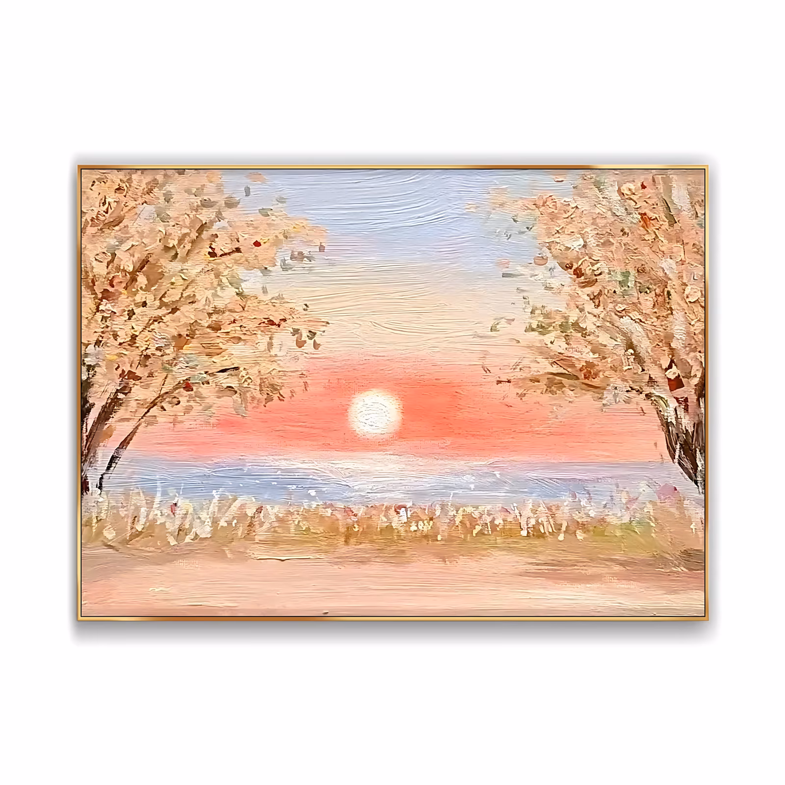 a horizontal impressionist landscape painting of a small white sun low over pale water between two peach and gold autumn trees, with cream grasses along the foreground and a pink sky, in soft dry oil