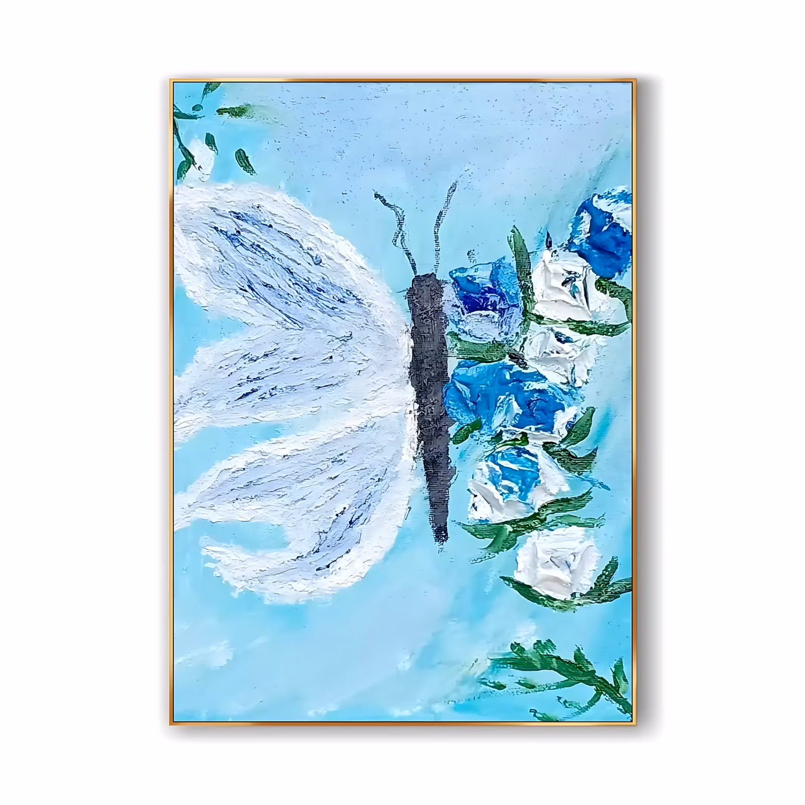 a large vertical textured painting of a white and pale blue butterfly with a dark charcoal body at the left of a sky blue ground, a column of blue and white roses with green leaves at the right, in thick acrylic