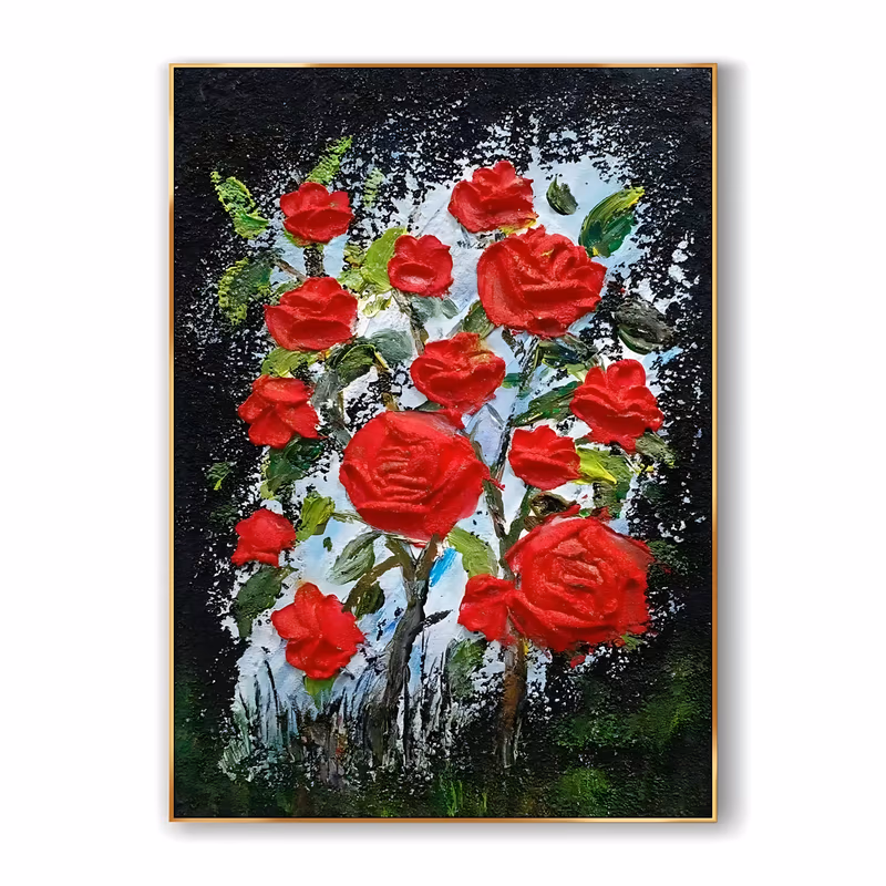 a tall framed relief painting of about a dozen scarlet roses on brown stems with green leaves, clustered up the center over a white and pale blue burst, on a black speckled plaster ground