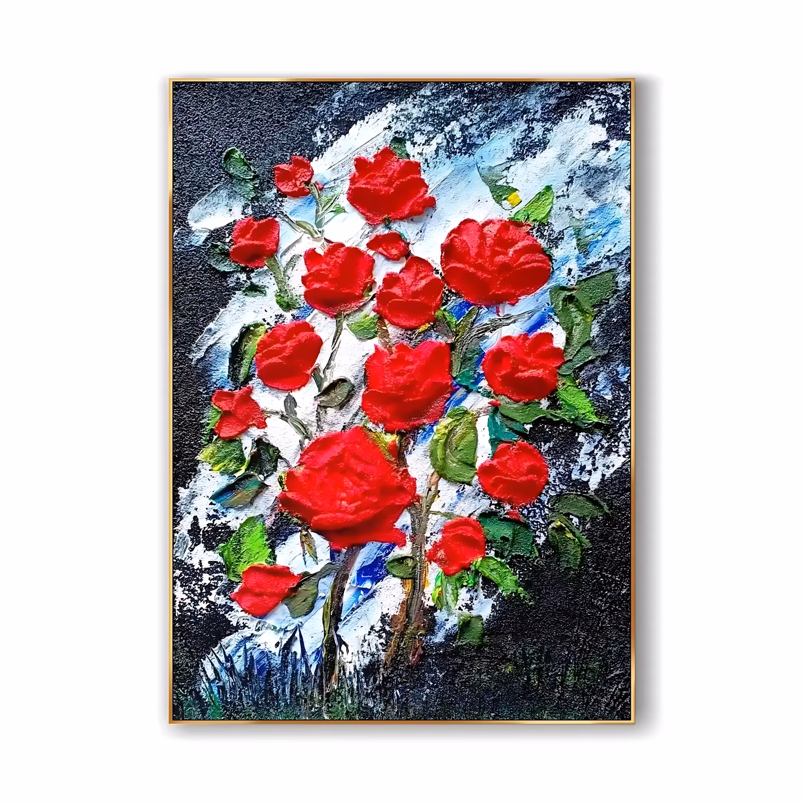 a tall framed relief painting of a scarlet rose bush, thickly sculpted blooms on woody stems with green leaves, rising over a white and blue palette-knife splash on a black textured ground