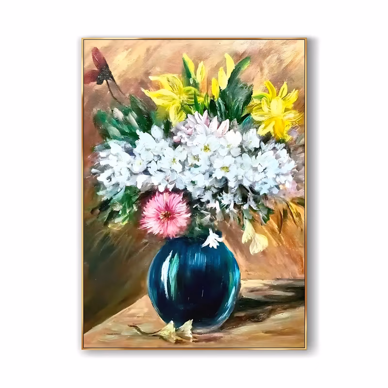 a tall impressionist still life of white blooms, yellow lilies and one pink zinnia in a round teal-blue vase on a warm brown ground, the shadow falling to the right, in thick oil