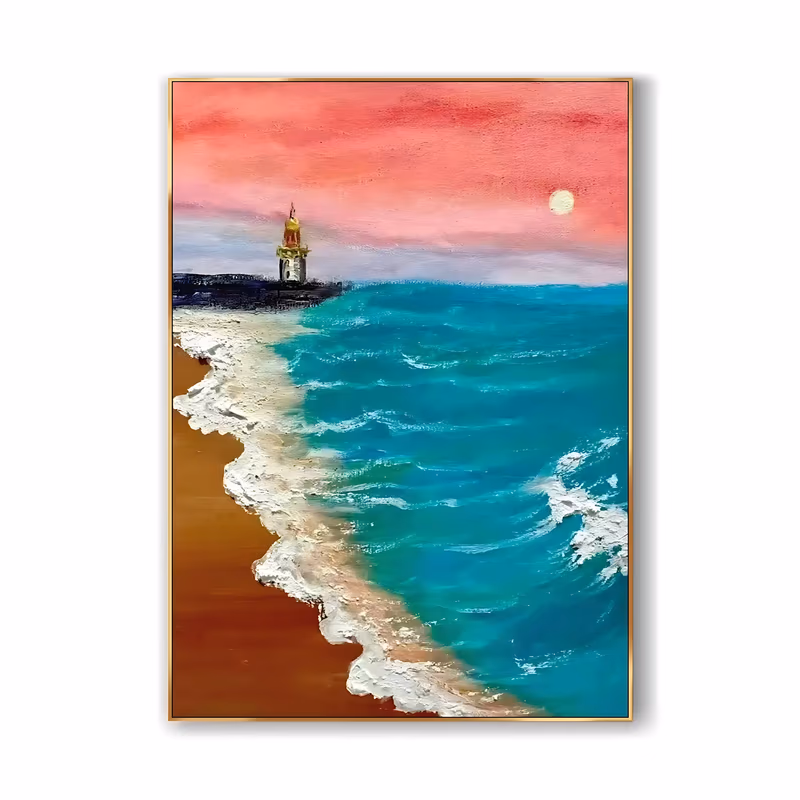 a large vertical coastal painting of a turquoise sea meeting brown sand on a curving line of raised white surf, with a small lighthouse on the headland and a pale moon in a coral pink sky, in textured acrylic