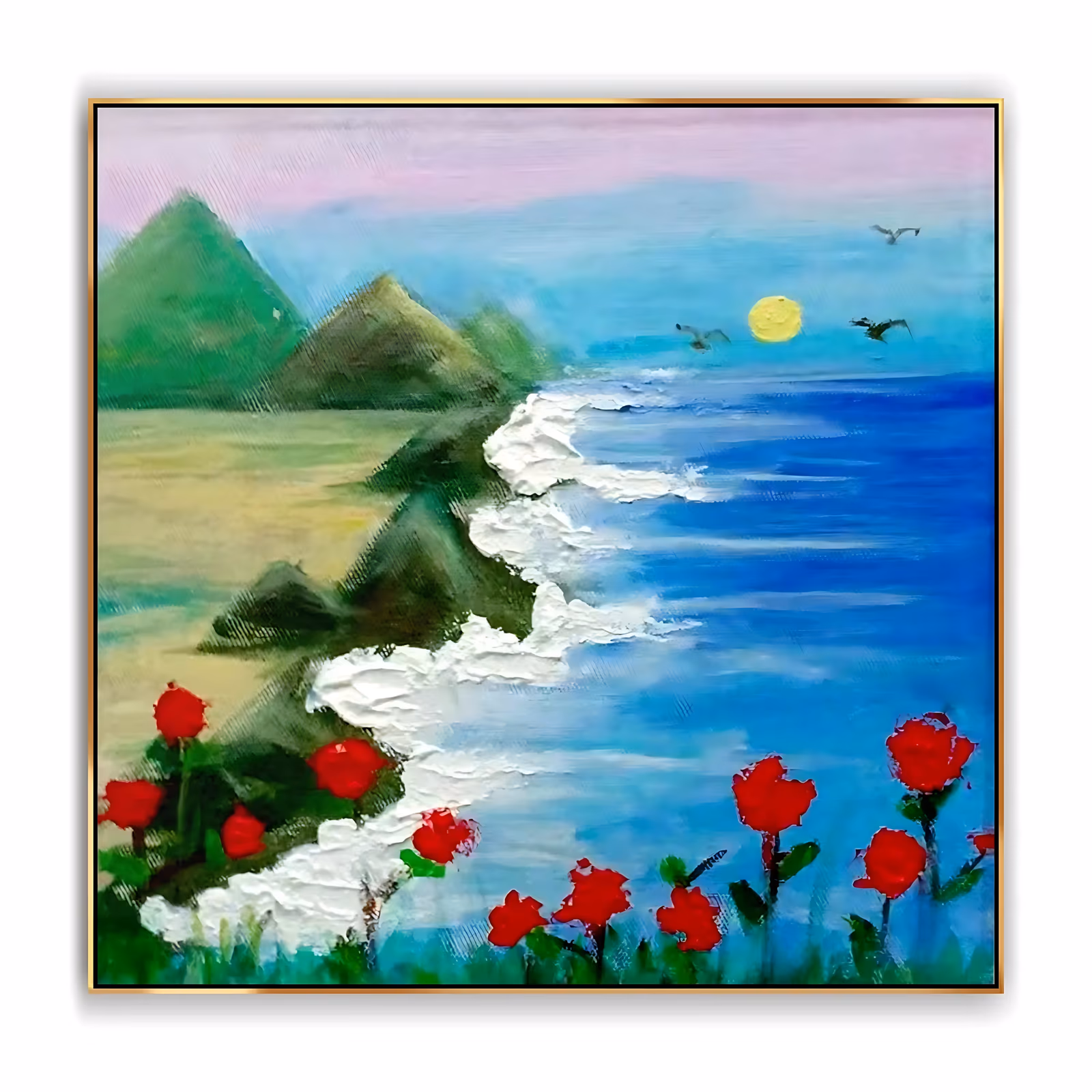 a square naive coastal painting of green hills at the left, blue sea at the right, a raised white surf line between them, red roses in the foreground and a yellow sun with birds above, hand-painted in acrylic