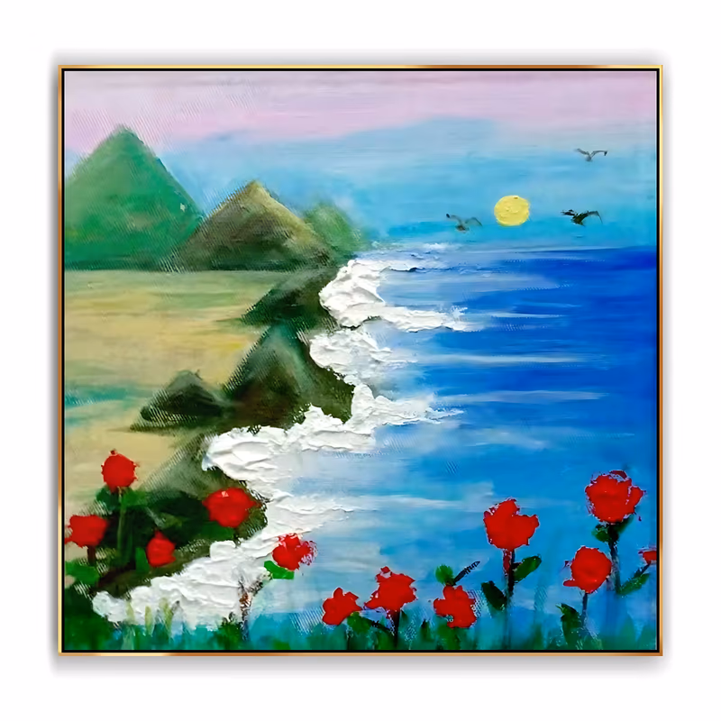 a square naive coastal painting of green hills at the left, blue sea at the right, a raised white surf line between them, red roses in the foreground and a yellow sun with birds above, hand-painted in acrylic