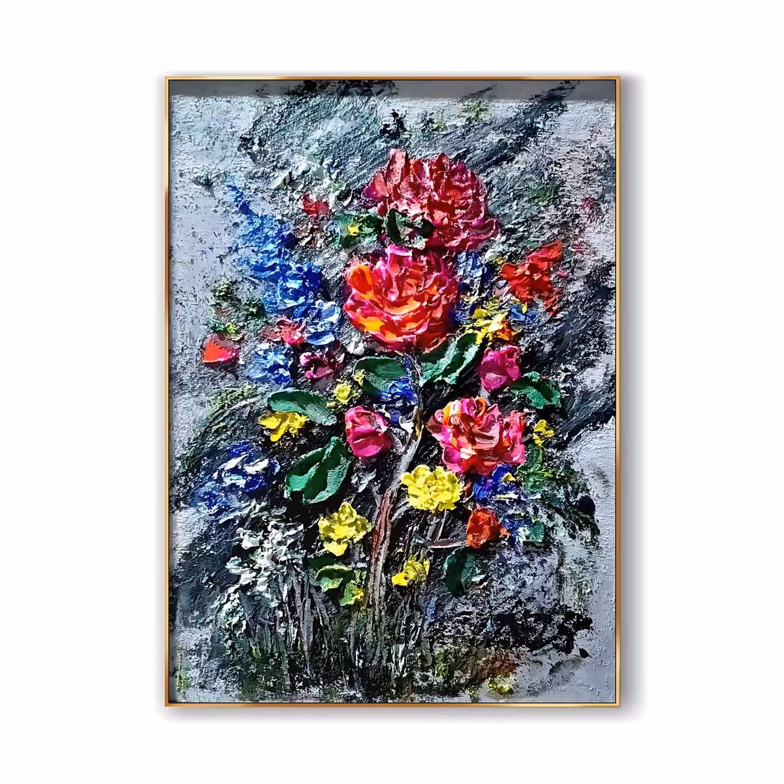 a tall framed relief painting of a dense bouquet, crimson and pink roses at the center with blue delphinium, yellow blossoms and deep green leaves around them, all built up in sculpted paint on a gray and black ground
