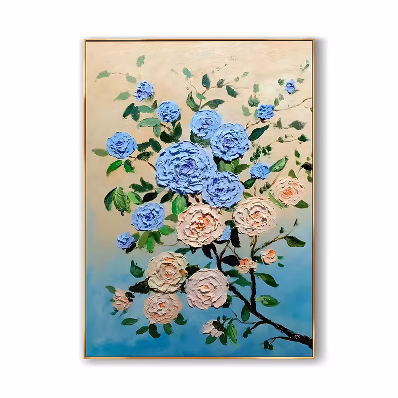 a large vertical floral painting of blue and peach roses opening on a dark branch that rises from the lower right, with green leaves and small buds, over a ground that fades from beige to blue