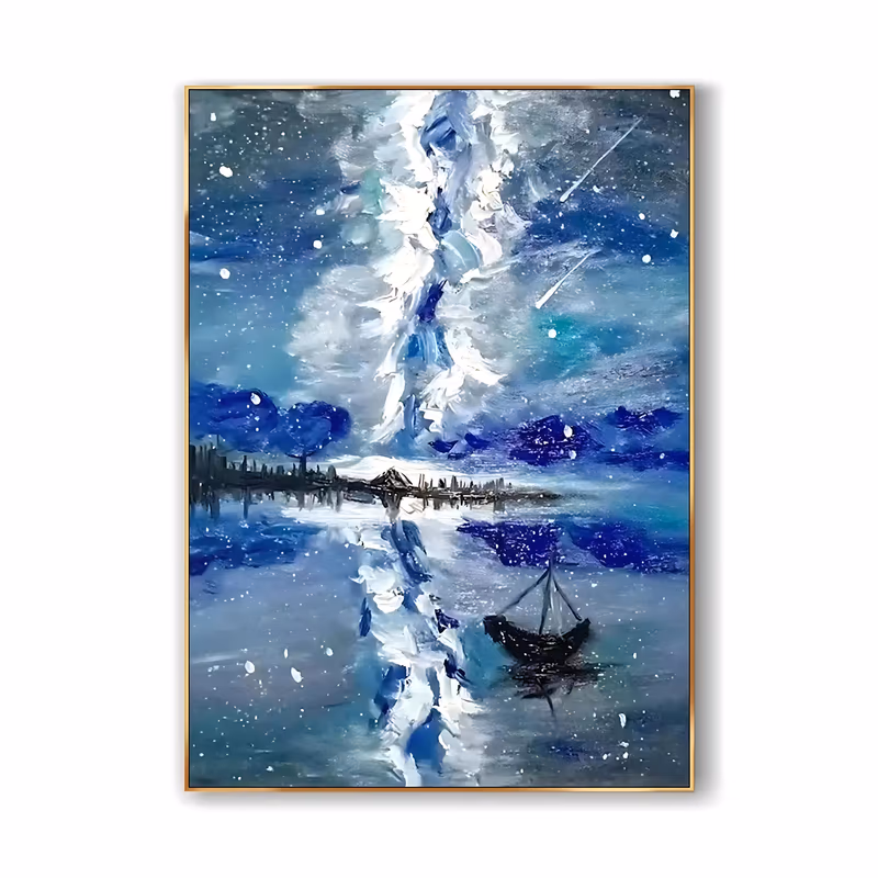 a large vertical impressionist painting of the milky way pouring down the center of a night sky, its white and blue paint mirrored in a still lake with a small dark sailboat and city skyline, in heavy sculpted impasto