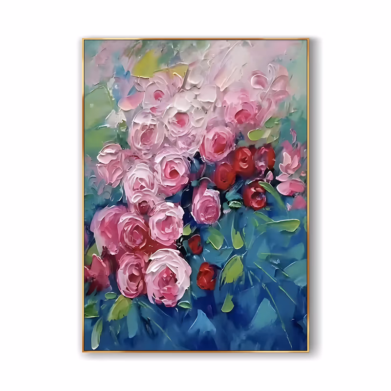 a large vertical textured painting of a cluster of pink, blush and deep red roses massed in the upper left over a deep blue and teal ground with green leaves, in thick palette-knife acrylic