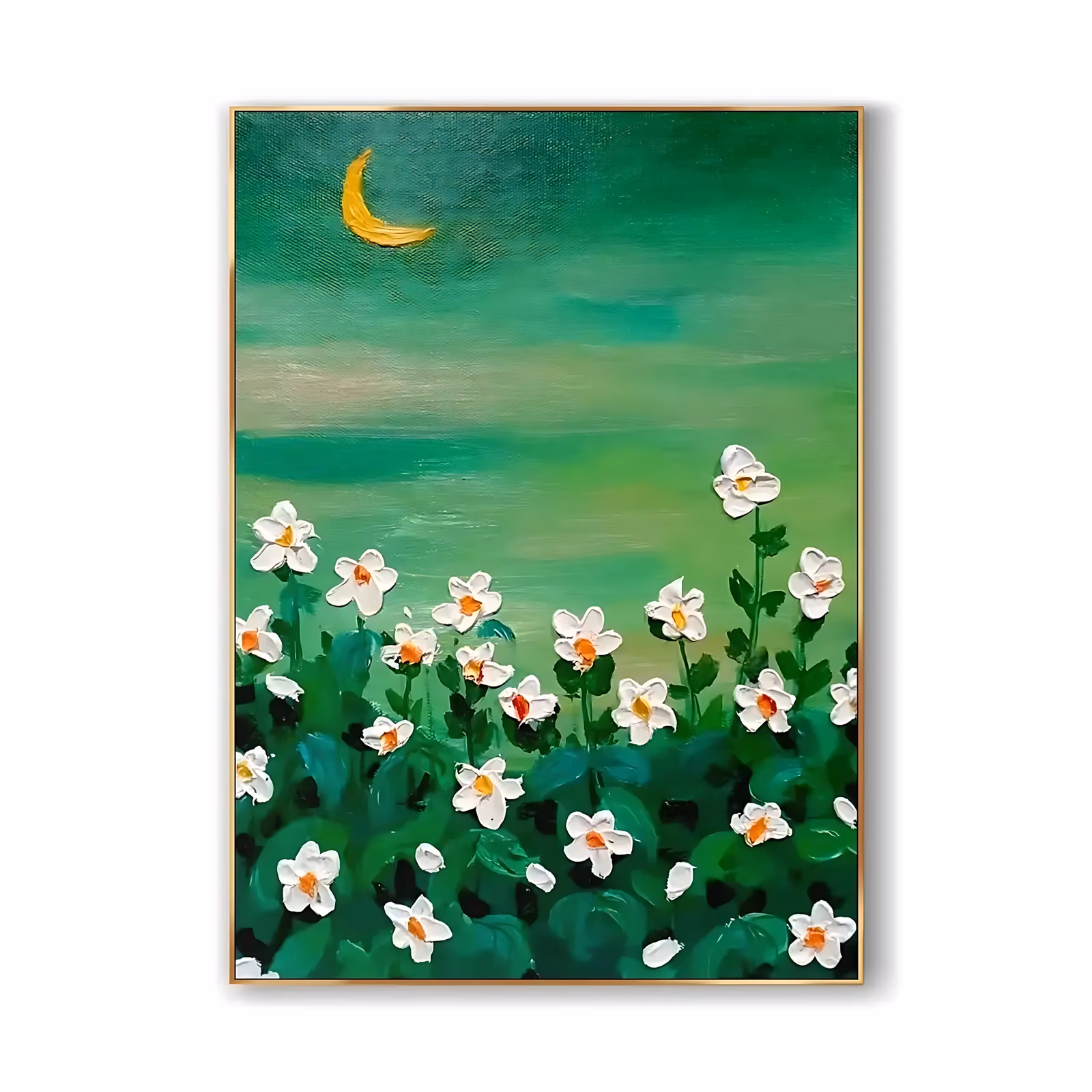 a large vertical painting of white daisies with raised sculpted petals and orange centers rising from dark green foliage, under a green sky with a gold crescent moon, in heavy impasto relief