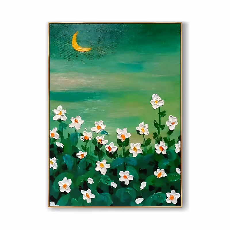 a large vertical painting of white daisies with raised sculpted petals and orange centers rising from dark green foliage, under a green sky with a gold crescent moon, in heavy impasto relief