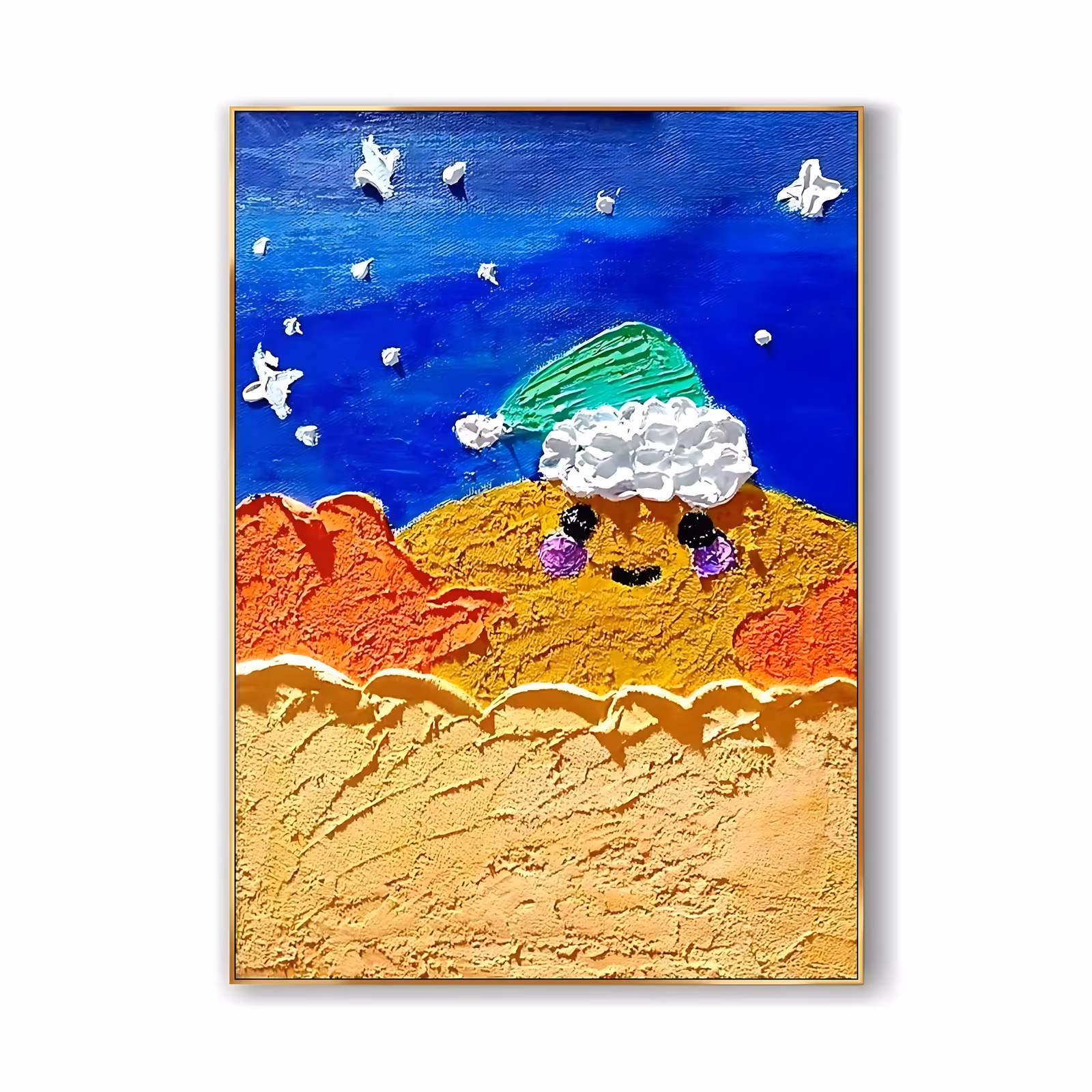 a large vertical naive plaster painting of a smiling golden hill with black eyes and purple cheeks wearing a green pointed cap, set under a deep blue sky studded with raised white stars above a sandy foreground
