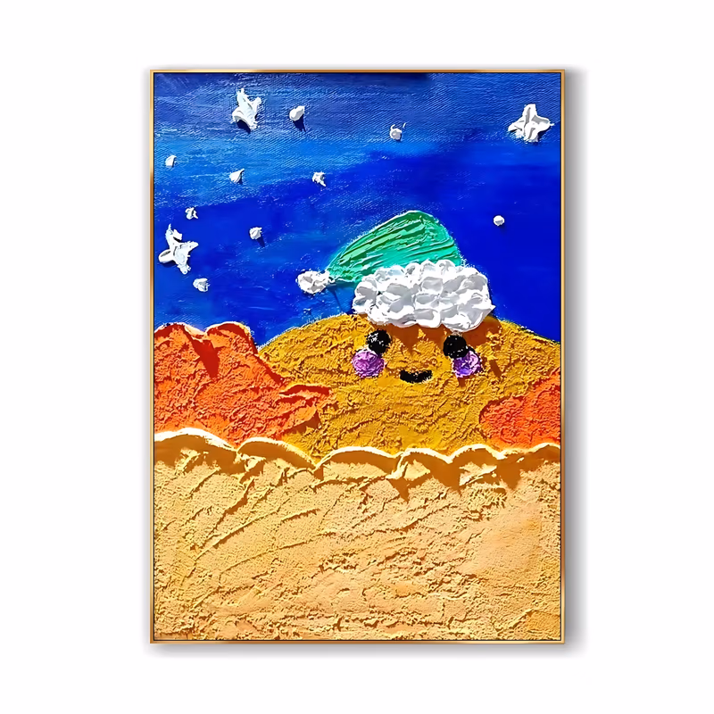 a large vertical naive plaster painting of a smiling golden hill with black eyes and purple cheeks wearing a green pointed cap, set under a deep blue sky studded with raised white stars above a sandy foreground
