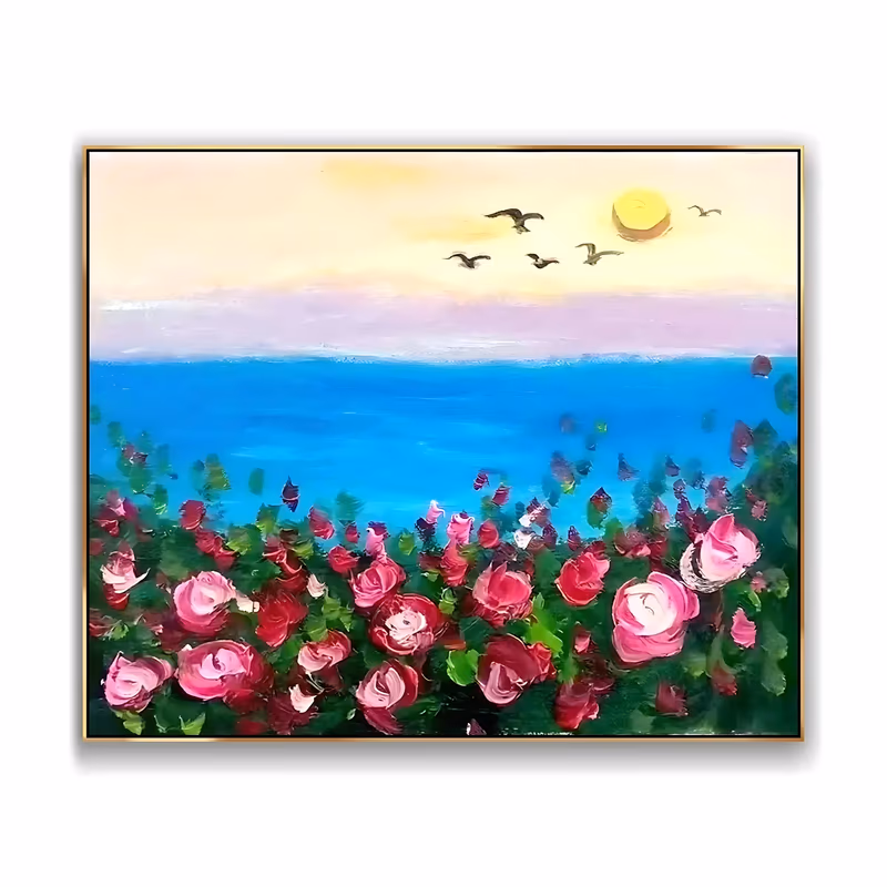 a horizontal impressionist painting of pink and crimson rose bushes along the bottom half, a flat turquoise sea behind them, and a cream and lilac sunset sky with a yellow sun and small dark birds, in thick dabbed paint