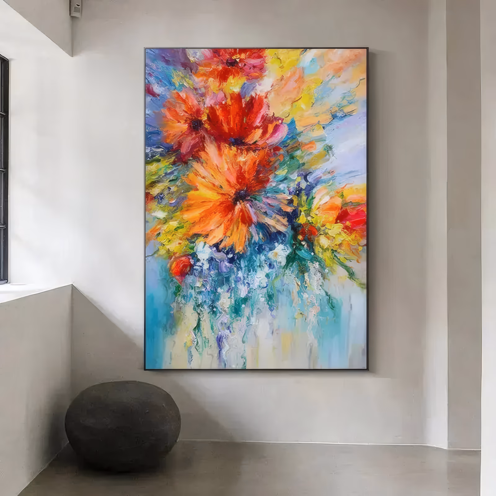 a large vertical abstract floral painting of red and orange blooms crowded into the upper half of the frame, dissolving downward into turquoise, white and yellow drips on a pale ground, in thick palette-knife oil