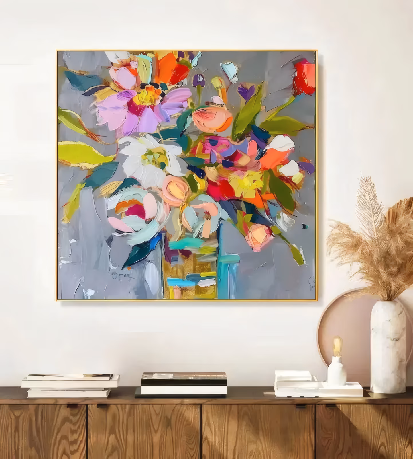 a large square palette-knife still life of a loose bouquet of magenta, coral, white and yellow blooms with olive and teal leaves in a pale vase, standing on a soft gray ground in thick sculpted oil