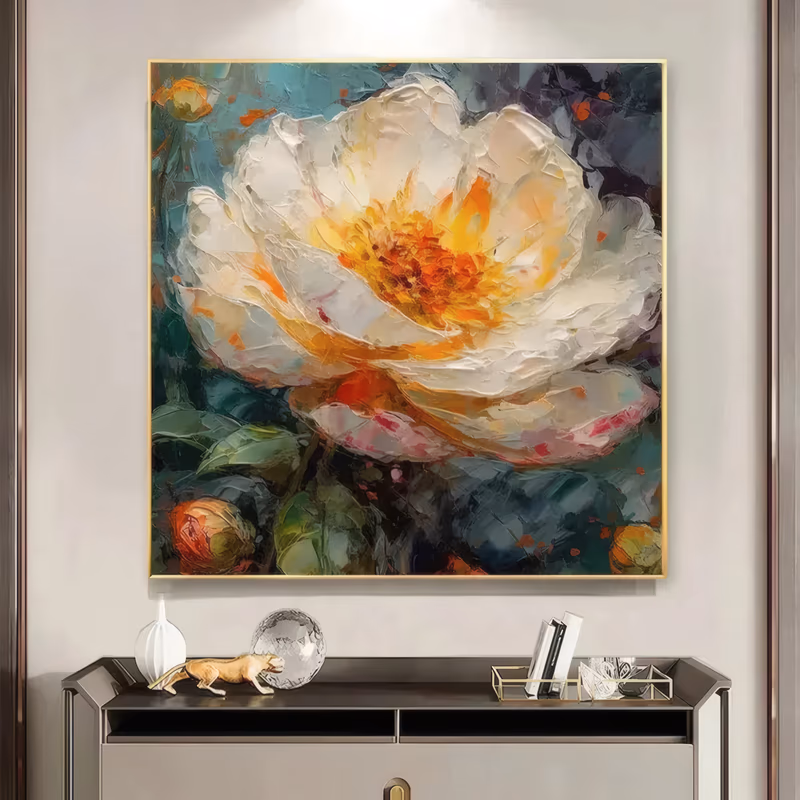 a large square impasto painting of one big white peony with an amber and orange center at the middle of the frame, buds and dark green leaves below, on a deep teal ground in heavy impasto oil