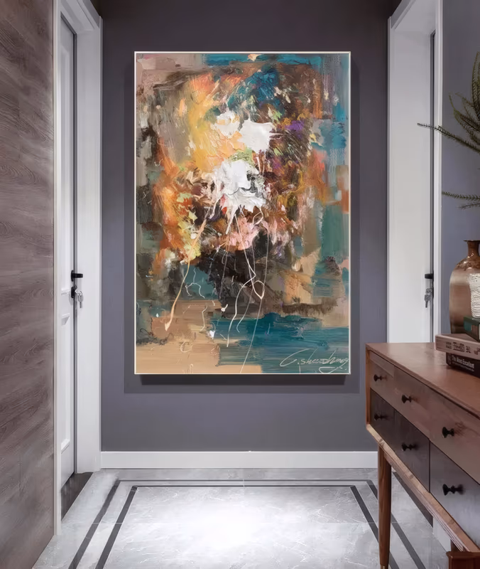 a large vertical abstract painting of a white splash bloom with thin paint drips at the center, over layered orange, teal and brown palette-knife strokes on a smoky ground, in heavy impasto oil