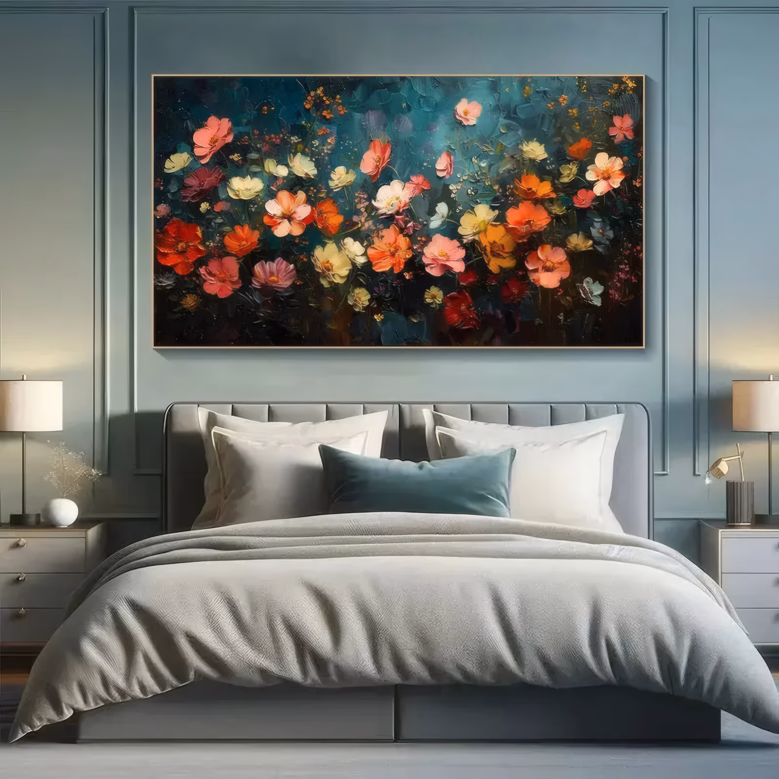 a wide horizontal textured painting of coral, red, cream and orange cosmos flowers massed in a band over the center of a dark teal ground, in thick palette-knife oil with fine trailing stems