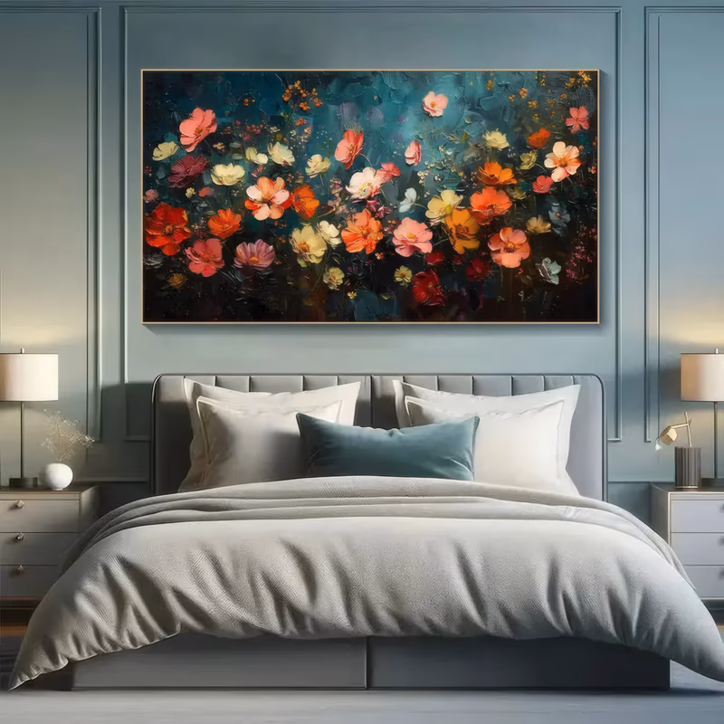 a wide horizontal textured painting of coral, red, cream and orange cosmos flowers massed in a band over the center of a dark teal ground, in thick palette-knife oil with fine trailing stems