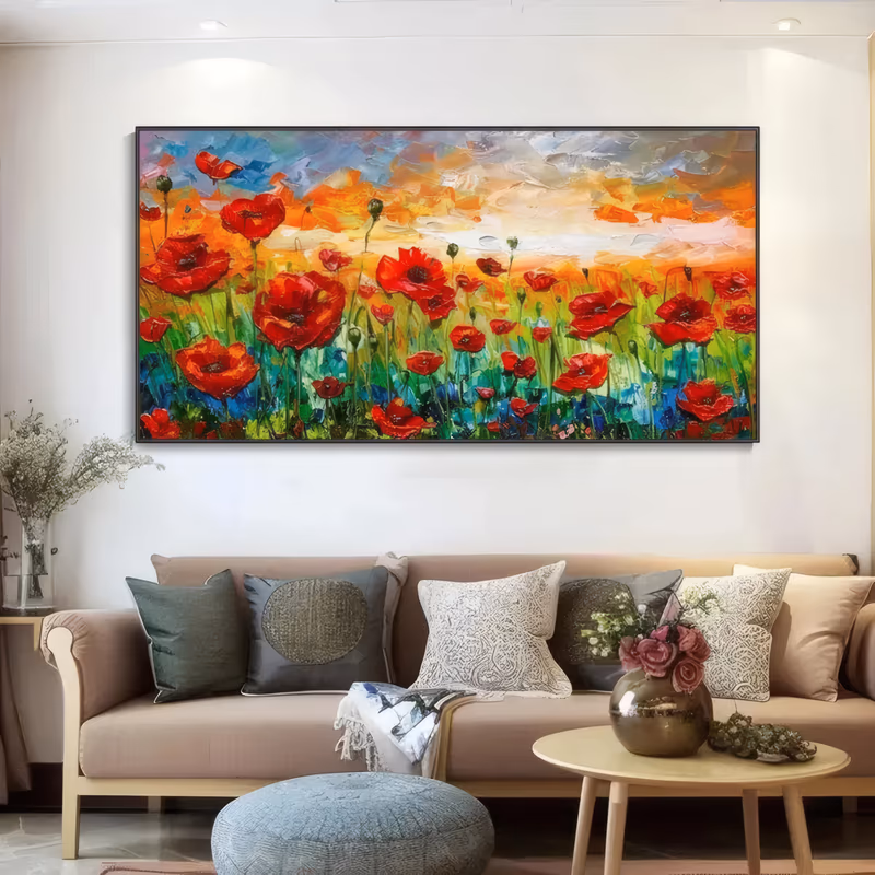 an oversized panoramic impressionist painting of scarlet red poppies on tall green stems in the lower half of the frame, with a broad orange and blue sunset sky above them, in thick palette-knife oil