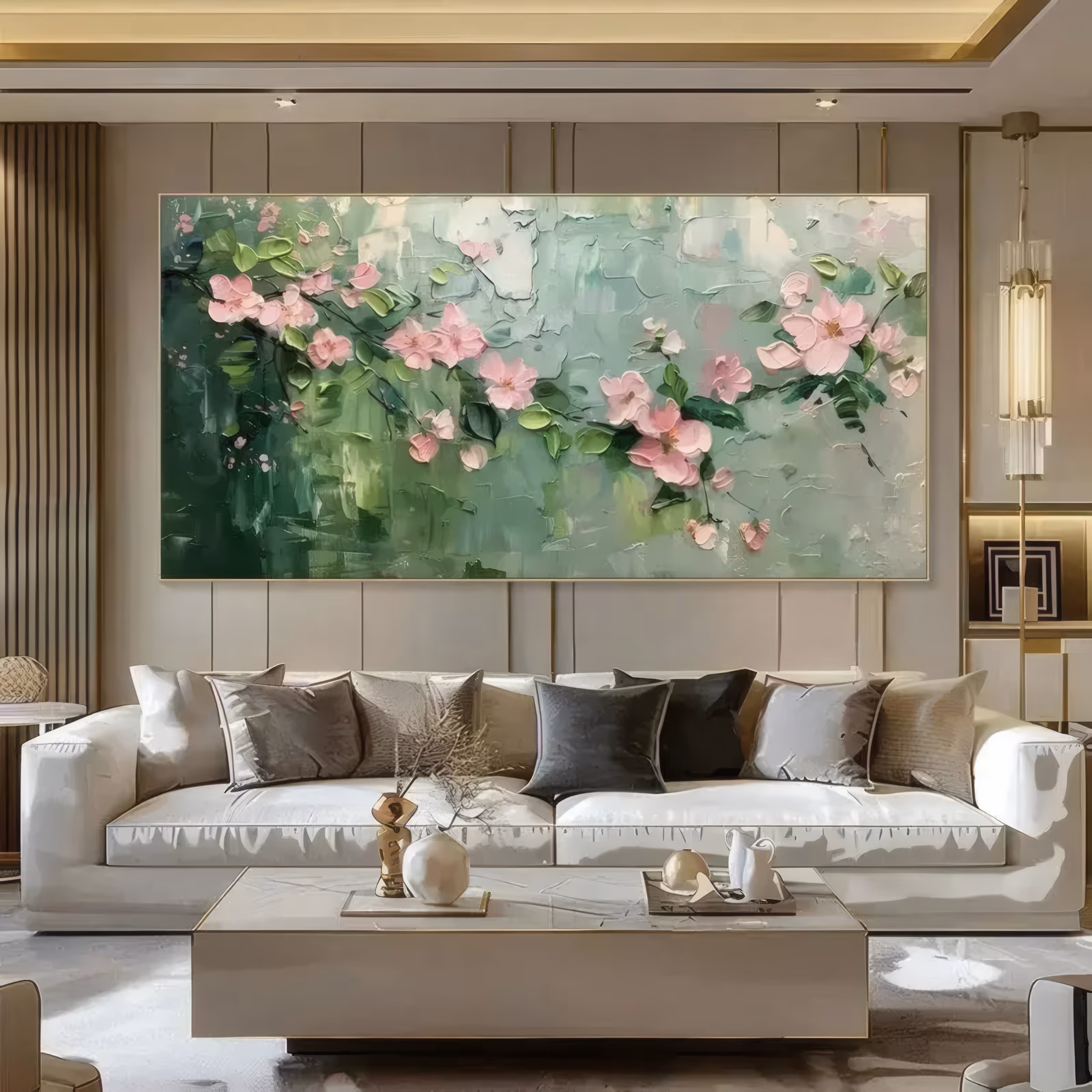 an oversized horizontal textured painting of a pink cherry blossom branch running the full width of a sage green ground, with small green leaves and scattered buds, in raised plaster and thick paint