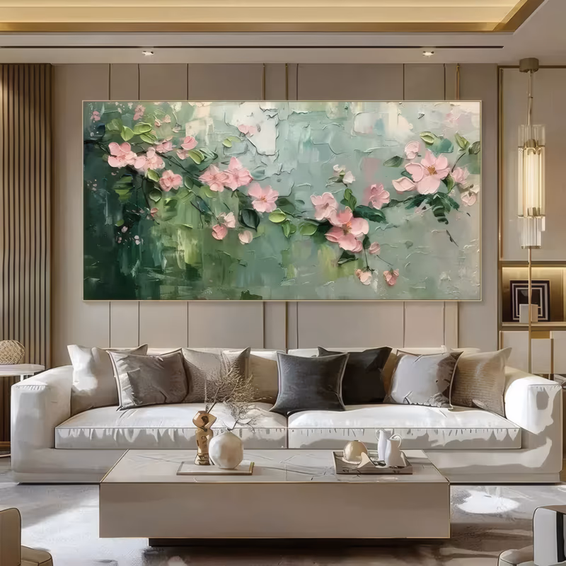 an oversized horizontal textured painting of a pink cherry blossom branch running the full width of a sage green ground, with small green leaves and scattered buds, in raised plaster and thick paint