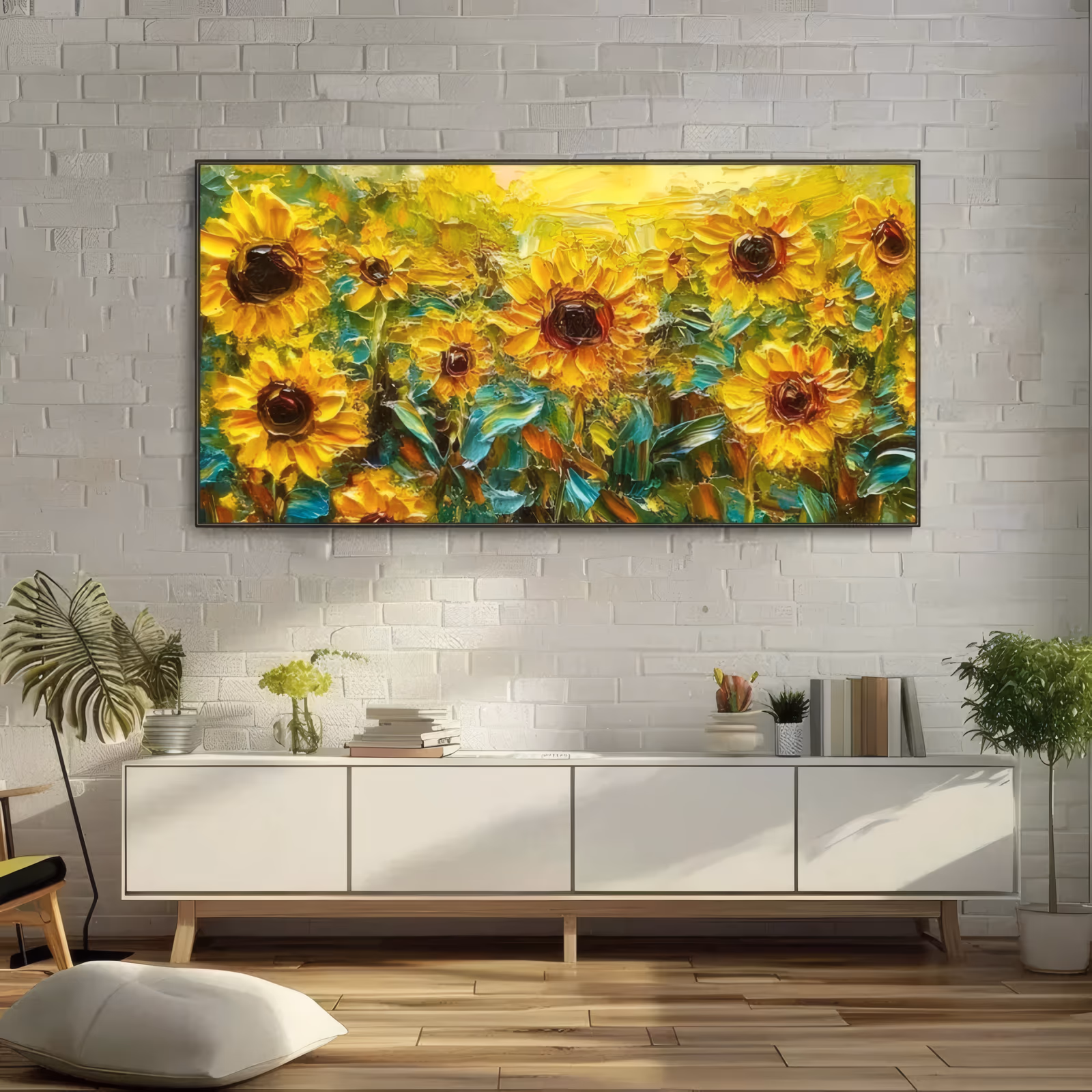 an oversized panoramic painting of a field of golden sunflowers with dark brown centers and teal-green leaves, packed to the top of the frame under a pale yellow sky, in heavy sculpted palette-knife oil