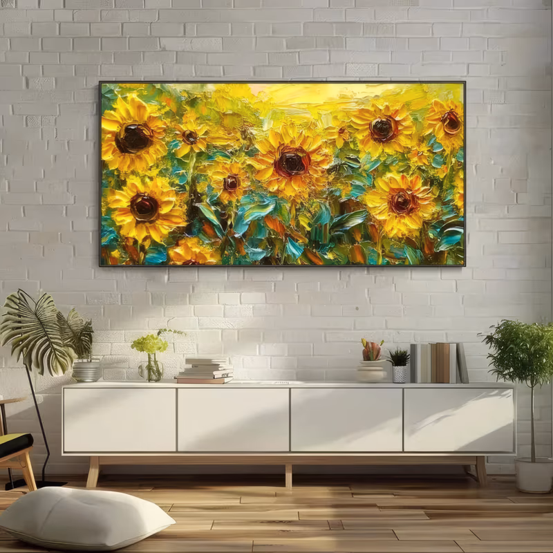 an oversized panoramic painting of a field of golden sunflowers with dark brown centers and teal-green leaves, packed to the top of the frame under a pale yellow sky, in heavy sculpted palette-knife oil