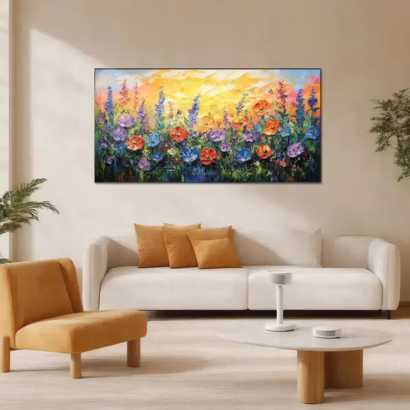 a wide panoramic painting of a wildflower field with purple lupins, red and blue poppies and green stems massed against a yellow and orange sunset sky, in thick sculpted palette-knife impasto