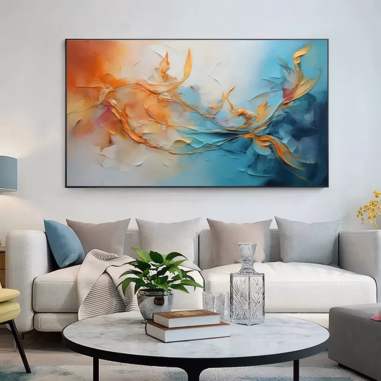 a wide horizontal abstract painting of amber and gold ribbon-like strands curling through the center of a white ground, dissolving into turquoise on the right and warm orange on the left, in sculpted knife relief