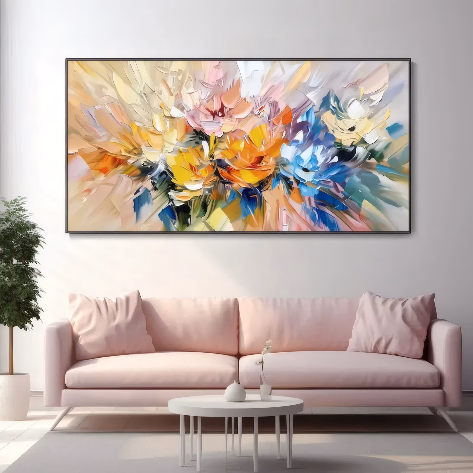 an oversized horizontal floral painting of an abstracted bouquet, wide petals of yellow, orange, peach, pink and blue opening from a loose center over a cream and blush ground, in thick palette-knife oil