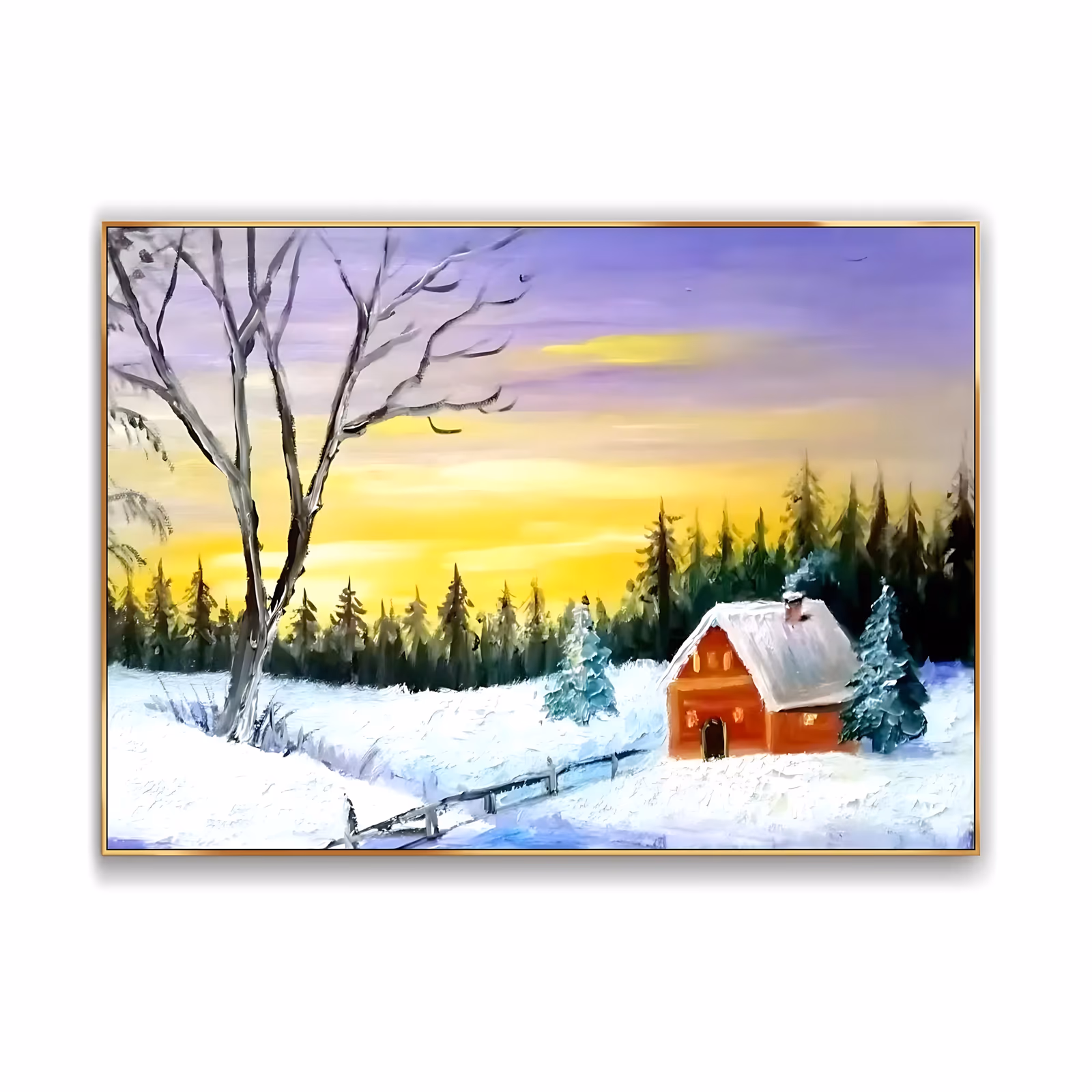 a wide horizontal impressionist winter painting of a red barn with a snow-loaded roof at right, dark pine forest behind, a bare tree at left and a violet and yellow sunset sky, in smooth blended oil