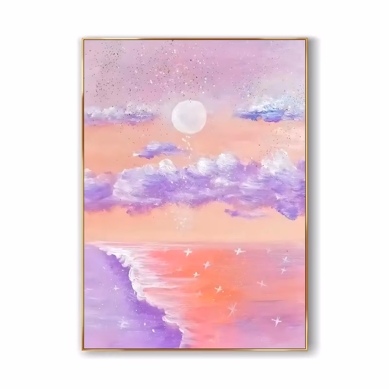 a large vertical seascape painting of a white full moon in a pink and lavender sky above violet clouds, with peach light on the horizon and white sparkles on a coral pink sea meeting a lilac shore, in soft acrylic