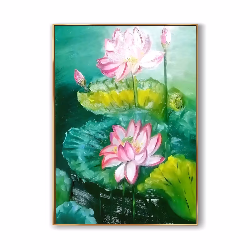 a large vertical impressionist painting of two open pink lotus flowers, one upper center and one lower center, rising above broad green and yellow-green lily pads on teal water, in smooth blended oil