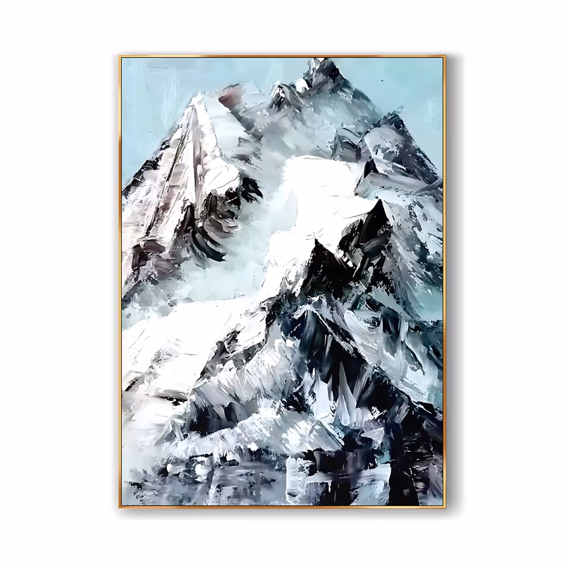 a large vertical impressionist painting of a black and white snowy mountain peak filling the frame against a pale teal sky, its ridges and snowfields built from thick palette-knife impasto