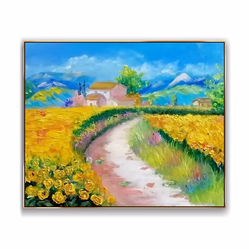 an oversized horizontal impressionist painting of a pale pink path curving between yellow flower fields toward a farmhouse, with blue mountains and clouds behind, in thick buttery impasto