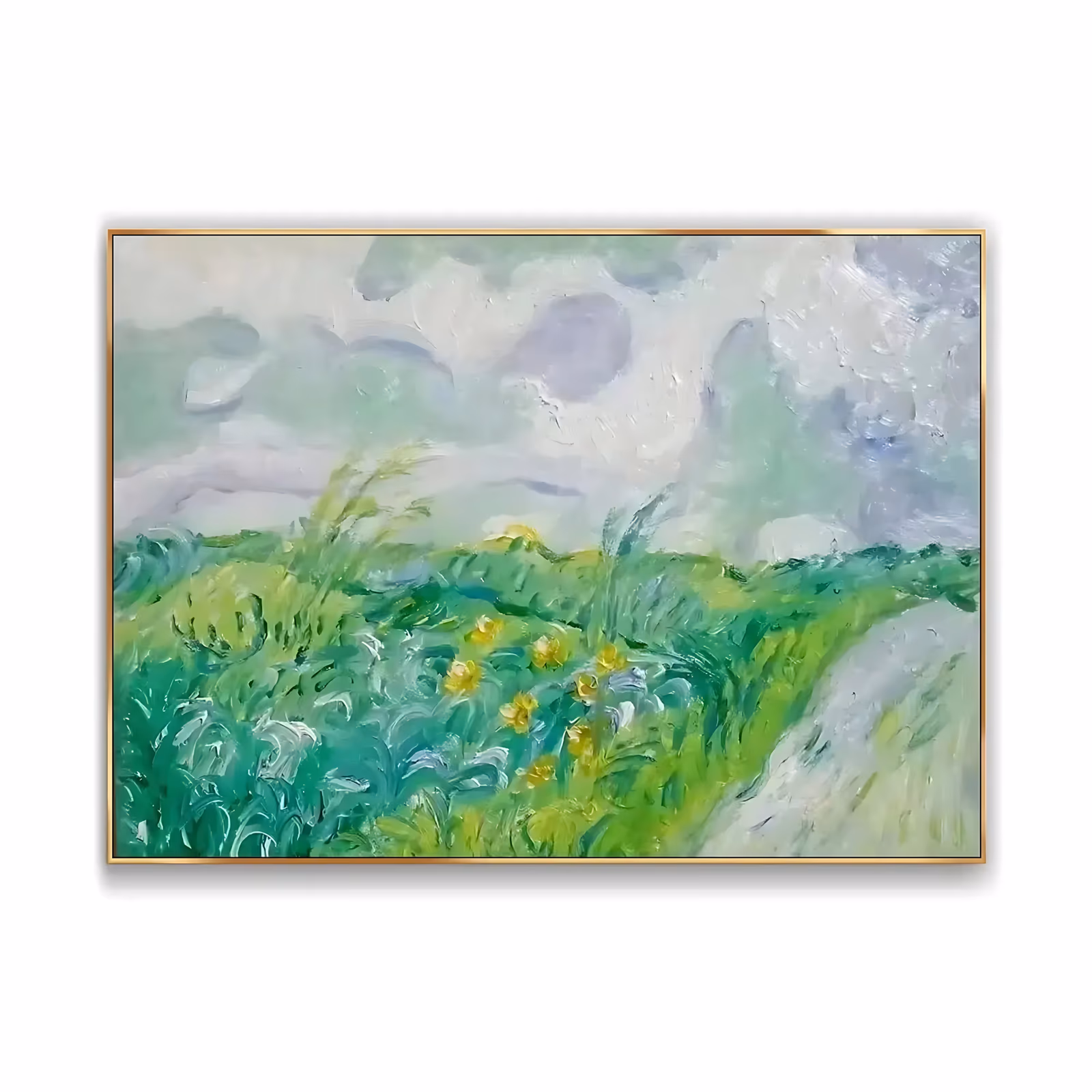 a large horizontal impressionist painting of a green meadow bending in the wind with small yellow flowers through the grass, a soft gray and lilac clouded sky above, worked in swirling thick impasto