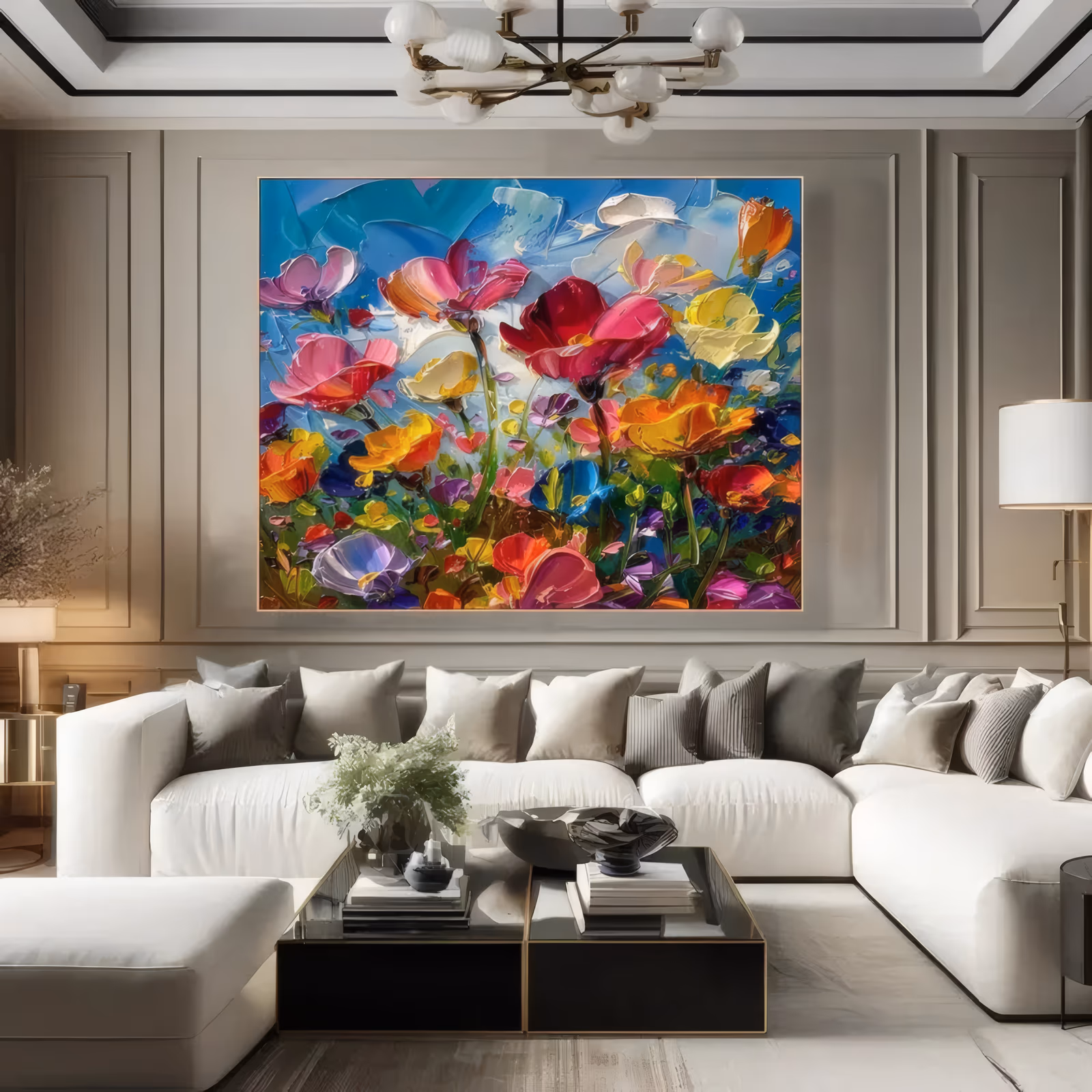 a wide horizontal palette-knife painting of red, pink, yellow and orange poppies standing on green stems along the lower two thirds, under a bright blue sky with thick white clouds, in heavy impasto