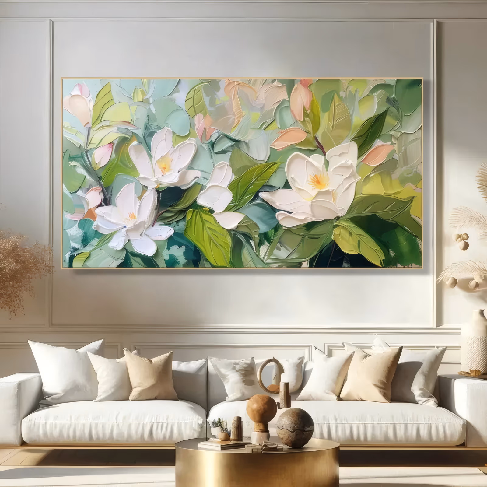 a wide horizontal impasto painting of white magnolia blooms with yellow centers opening among broad green and sage leaves, peach buds scattered at the edges, in thick palette-knife oil