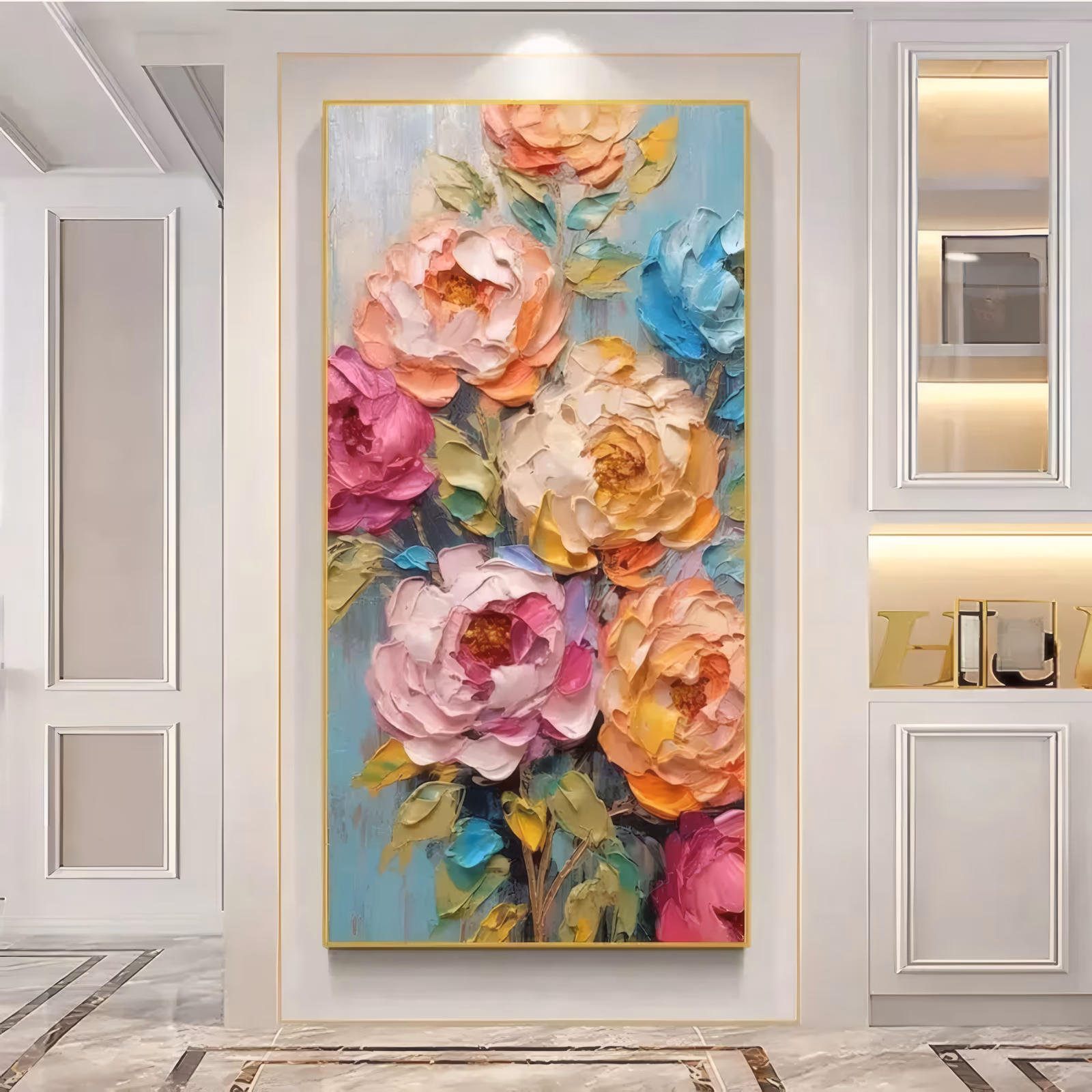 a tall narrow impasto painting of open peonies in pink, magenta, peach and cream with one turquoise bloom, stacked up the panel over olive and gold leaves on a soft teal ground, in thick palette-knife oil