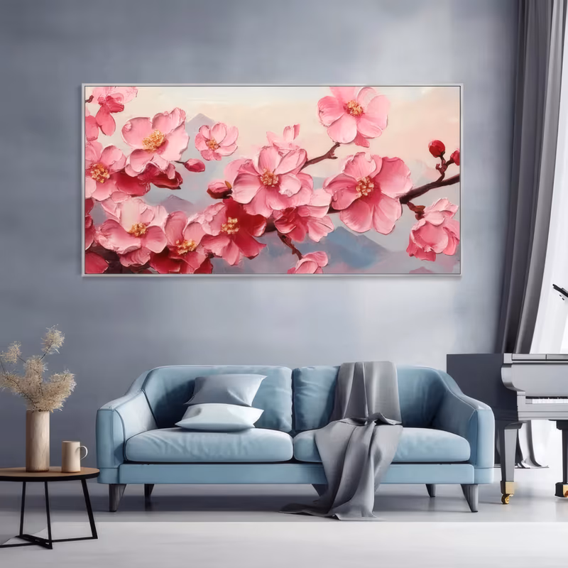 a panoramic textured painting of hot pink cherry blossoms with gold centers on a brown branch, set in front of misty gray mountains and a soft peach sky, the petals raised in heavy impasto