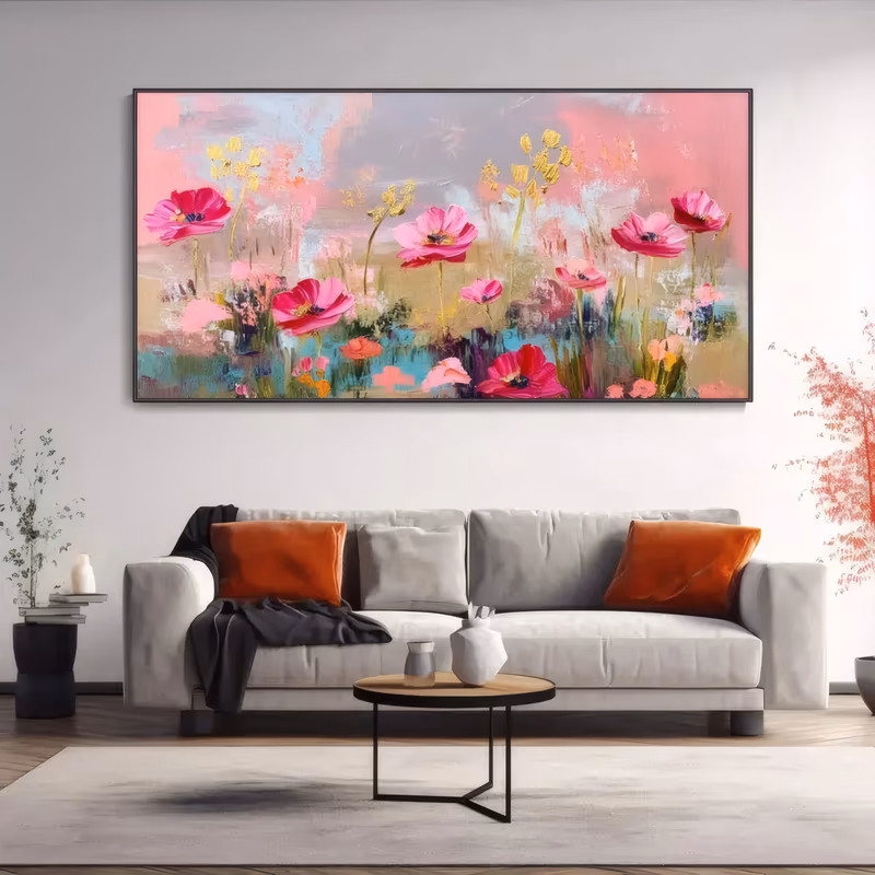 a wide panoramic impressionist painting of magenta and pink poppies on tall stems filling the lower half of the canvas against a pink and lilac sky, with gold seed heads and teal pools below, in thick palette-knife oil