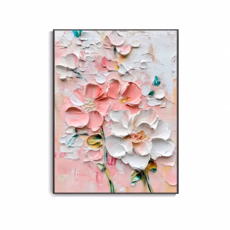 a large vertical relief painting of pink and white blossoms with slim green stems and leaves sculpted in thick plaster, gathered at the center over a pink and white textured ground
