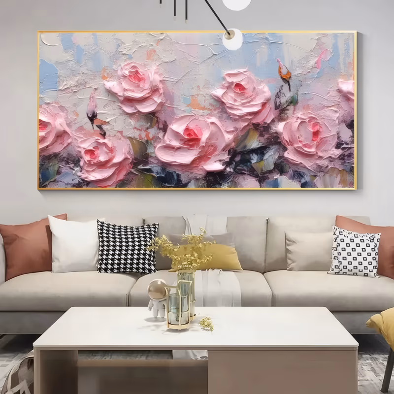 a panoramic relief painting of a row of full pink roses along the lower half of the frame, with a small orange butterfly at the right and a pale blue and white textured ground above, in heavy impasto