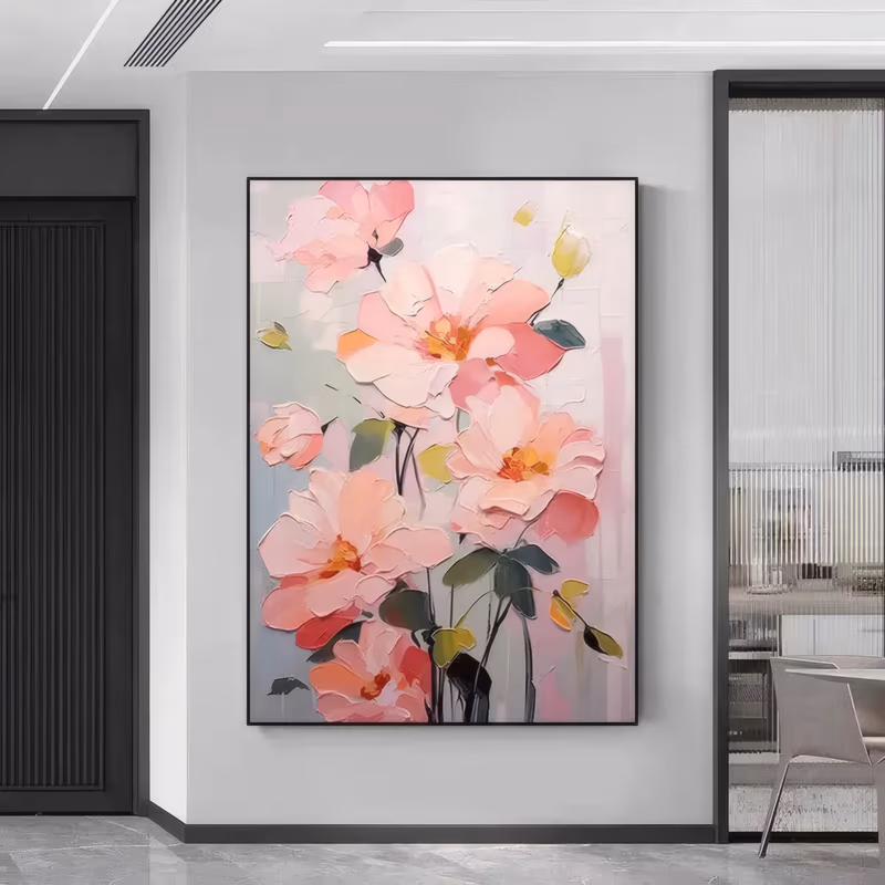 a large vertical textured floral painting of five coral-pink wild rose blooms with orange centers rising on dark green stems, set against a pale gray-pink ground, in thick knife-laid acrylic