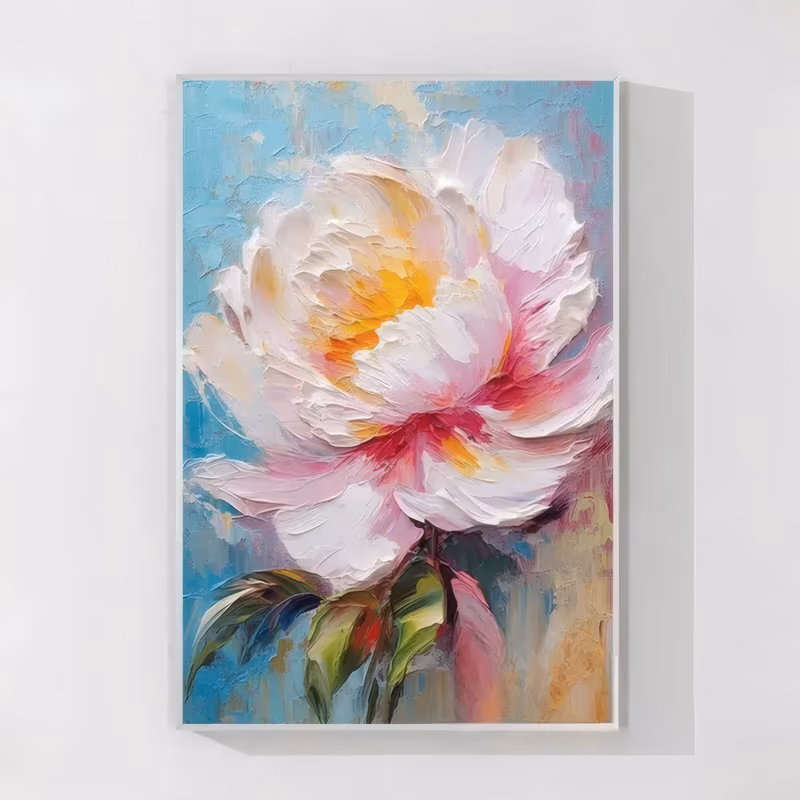 a large vertical textured painting of a single white peony with a yellow and coral heart and pink-flushed outer petals, opening against a turquoise blue ground with dark green leaves below, in thick palette-knife oil