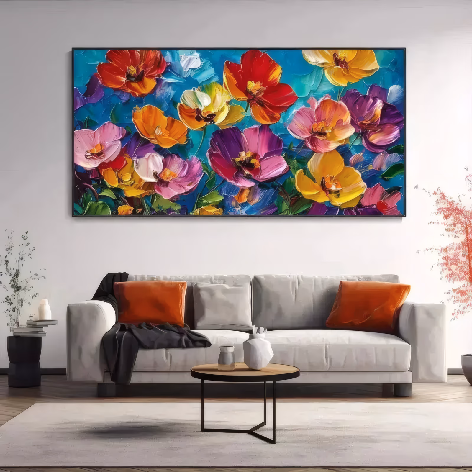 an oversized panoramic painting of open red, yellow, magenta and orange poppy blooms with green leaves packed against a deep teal-blue ground, worked in heavy palette-knife impasto